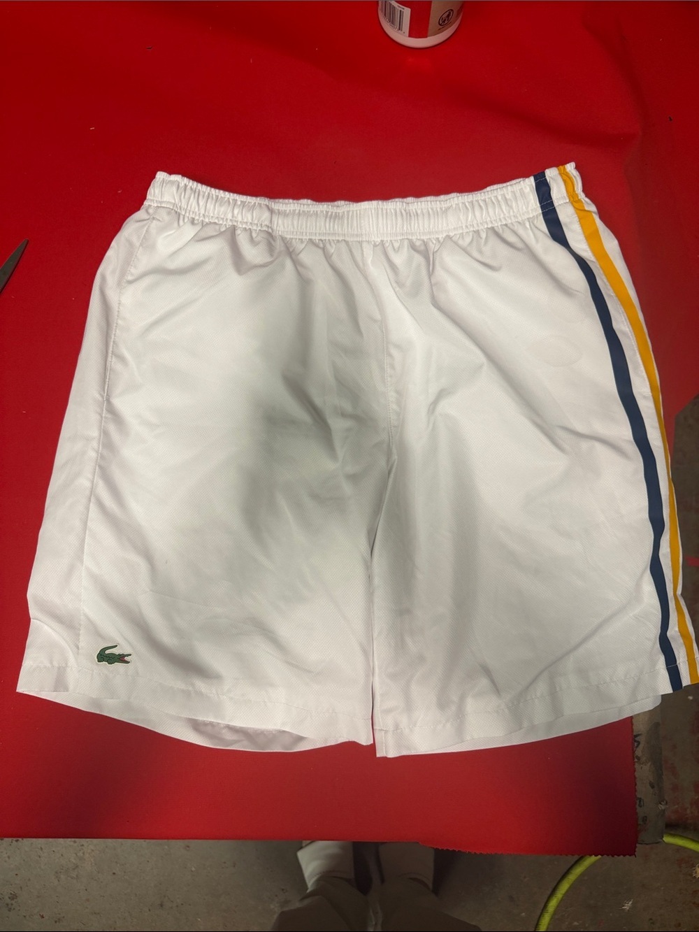 NWOT Lacoste White Athletic Shorts with Navy & Yellow Side Stripes 9in XL